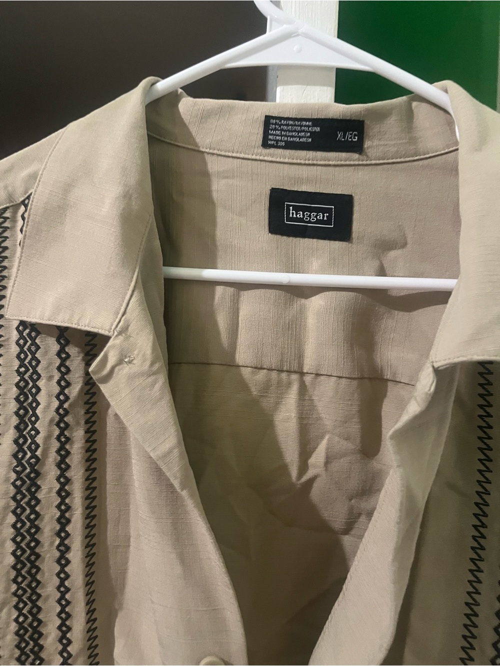 Haggar Tan Button-Up Shirt with Black Embroidery